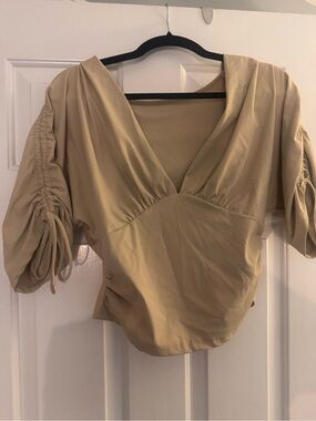 Ruched Sleeve V-Neck Blouse in Beige
